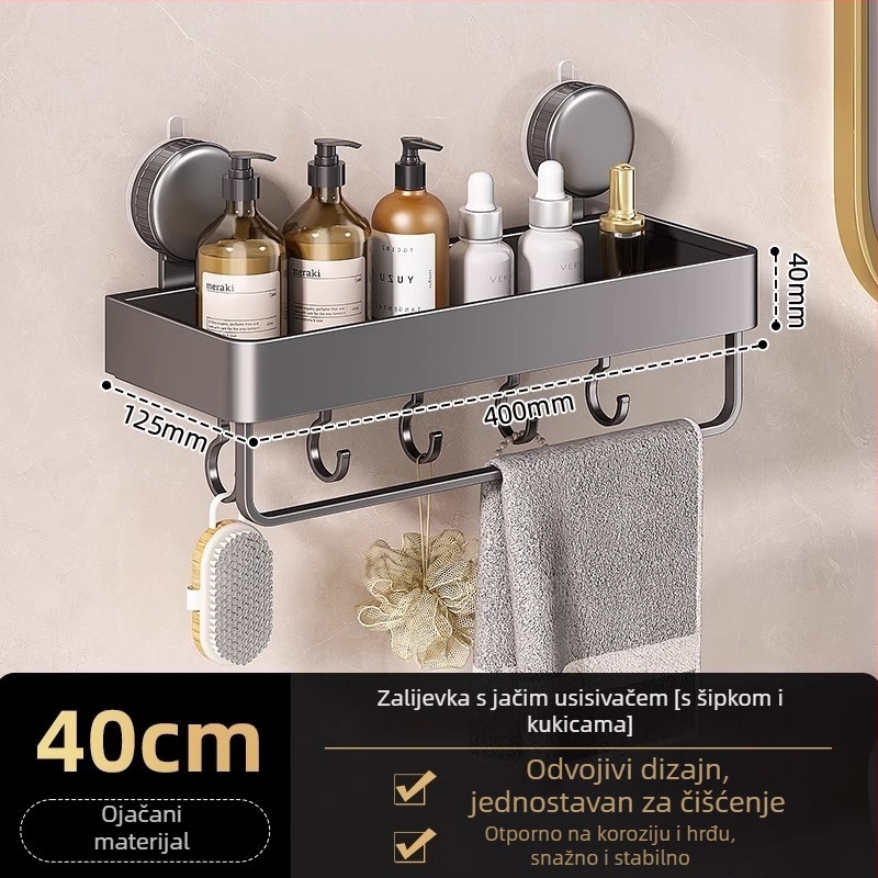 Zidni kutni regal za kupaonicu s vakuumskim pričvršćivanjem, aluminijska legura, završna obrada pečenim premazom, nosivost 5–10 kg, 1 sloj, kut s oblikom ventilatora