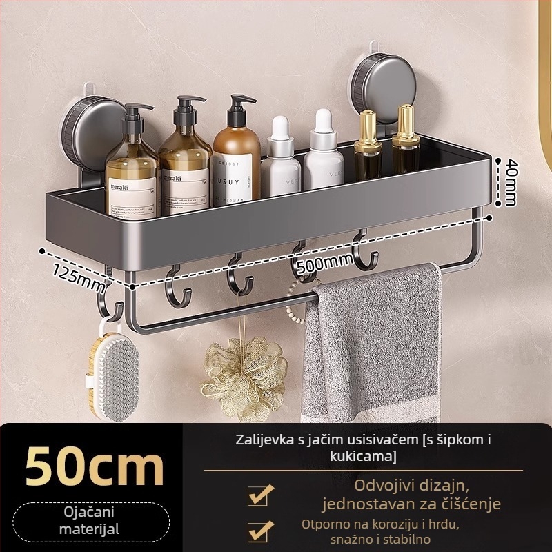Zidni kutni regal za kupaonicu s vakuumskim pričvršćivanjem, aluminijska legura, završna obrada pečenim premazom, nosivost 5–10 kg, 1 sloj, kut s oblikom ventilatora