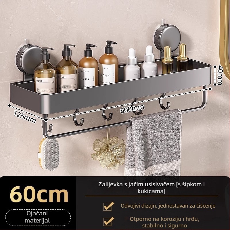 Zidni kutni regal za kupaonicu s vakuumskim pričvršćivanjem, aluminijska legura, završna obrada pečenim premazom, nosivost 5–10 kg, 1 sloj, kut s oblikom ventilatora