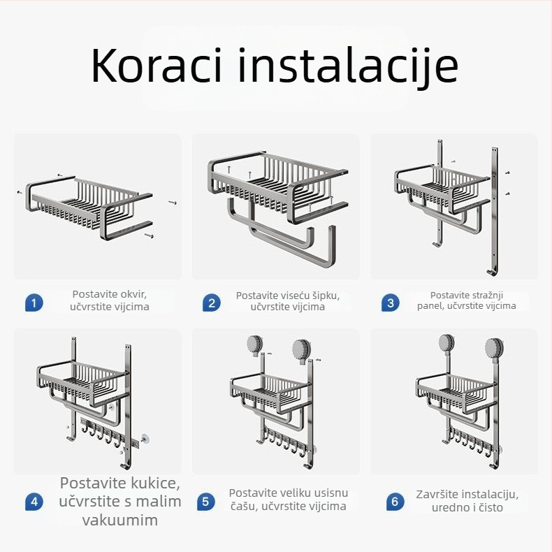 Aluminijski stalak za ručnike u kupaonici, bez bušenja, troetažni, završna plastifikacija sprejem plastike, nosivost 20 kg