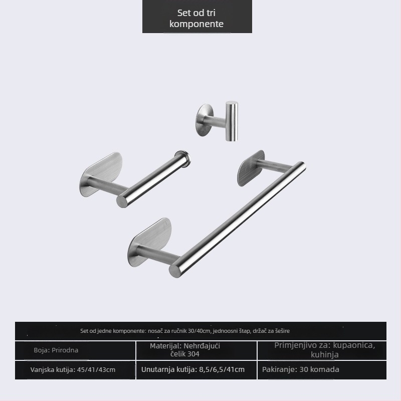Držač za ručnike od nehrđajućeg čelika 304, bez bušenja, s jednom šipkom, nosivost 20 kg, sjajna završna obrada