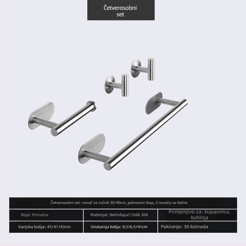 Držač za ručnike od nehrđajućeg čelika 304, bez bušenja, s jednom šipkom, nosivost 20 kg, sjajna završna obrada