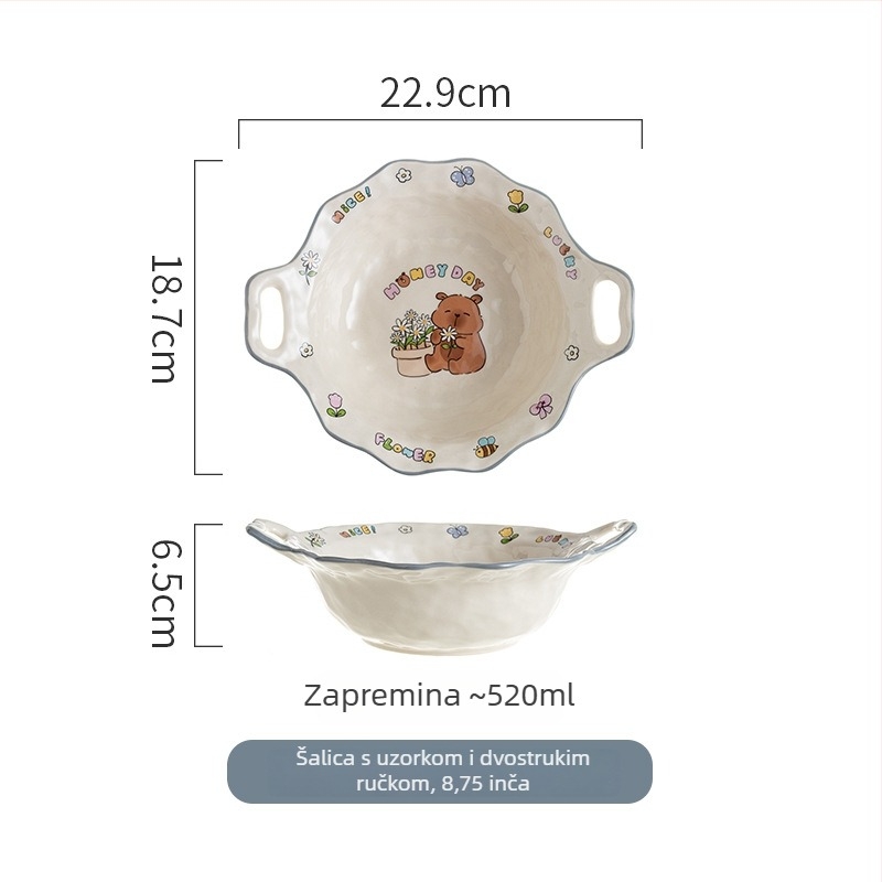 Keramički set posuđa s podglazurnom bojom, crtani dizajn, sladak stil, nepravilni oblik; pogodan za mikrovalnu pećnicu; uključuje zdjele za rižu, salatu, juhu i pladanj s ribom