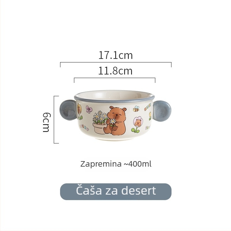 Keramički set posuđa s podglazurnom bojom, crtani dizajn, sladak stil, nepravilni oblik; pogodan za mikrovalnu pećnicu; uključuje zdjele za rižu, salatu, juhu i pladanj s ribom