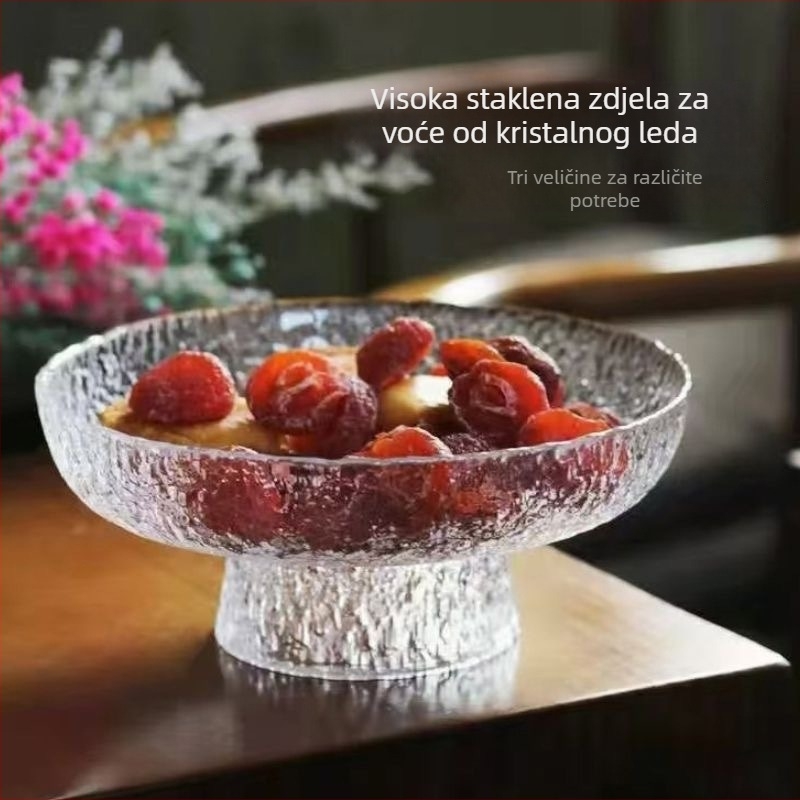 Stakleni tanjur za voće na visokoj nozi sa teksturom kaljenog – Brend Lucheng xiye