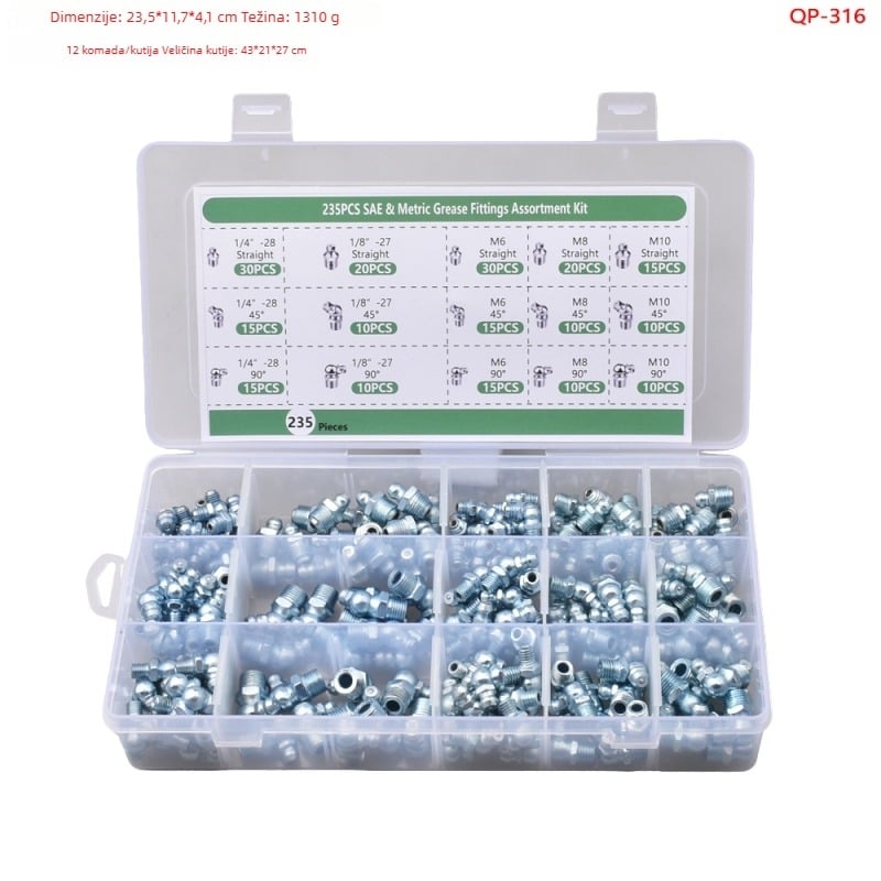 235-dijelni set mlaznica za mazivo, u kutiji, M6, M8 i M10, UNF 1/4-28 i 1/8-27 NPT