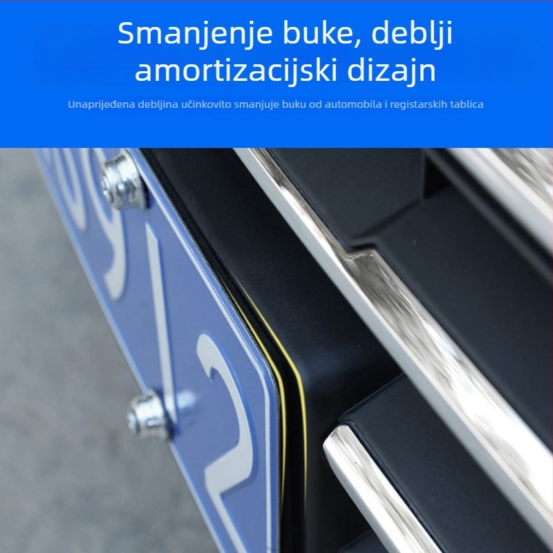 Protizvučna podloga za okvir registarske pločice – spužvasti jastučić i zvučna izolacija; zaštitna naljepnica za okvir pločice; univerzalna kompatibilnost