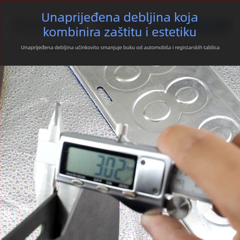 Protizvučna podloga za okvir registarske pločice – spužvasti jastučić i zvučna izolacija; zaštitna naljepnica za okvir pločice; univerzalna kompatibilnost