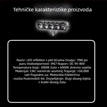 Vanjski motociklistički far s pet LED lampi, IP67 vodootporan, LED, 35W, 9–80V, aluminijsko kućište