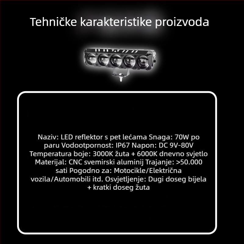 Vanjski motociklistički far s pet LED lampi, IP67 vodootporan, LED, 35W, 9–80V, aluminijsko kućište