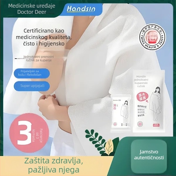 Jednokratna kupaonska krpa – pamuk u jezgru, netkana tkanina, apsorpcija 0–5 s, 3D reljef, 3 komada u pakiranju