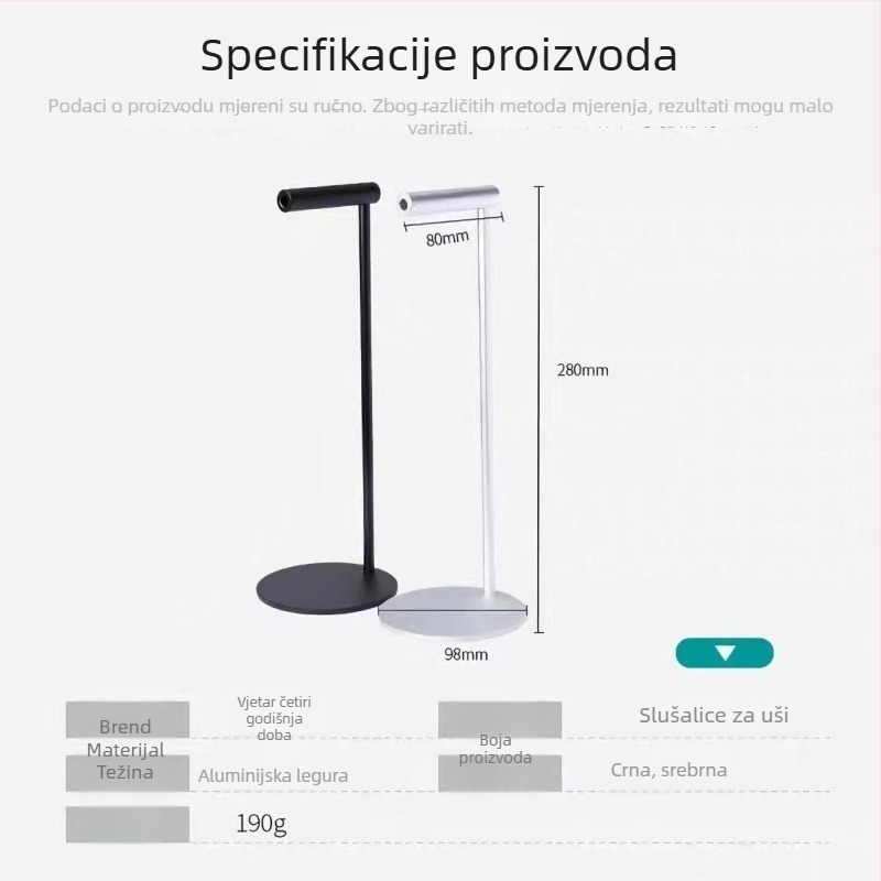 Aluminijski stalak za slušalice za stolnu upotrebu; bez bušenja; težina 190 g; model: metalni stalak za slušalice.