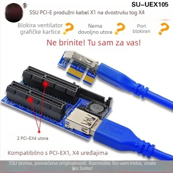 PCIe produžni kabel, model UEX105, PCIe adapter kabel PCIe 1x na dvostruki 4x, duljina 0,6 m