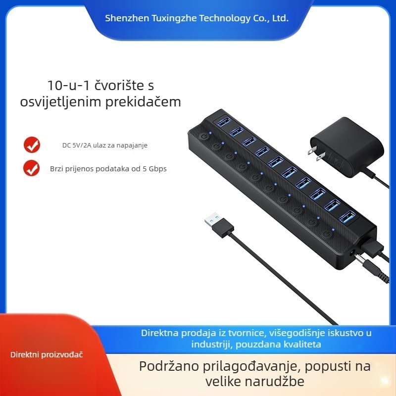 USB 3.0 hub s 10 portova i neovisnim prekidačima, USB proširenje za računalo, kabel duljine 1 m
