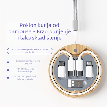6-u-1 ekološki bambus kabel za podatke s brzim punjenjem, kutija za pohranu i prilagođeni logotip