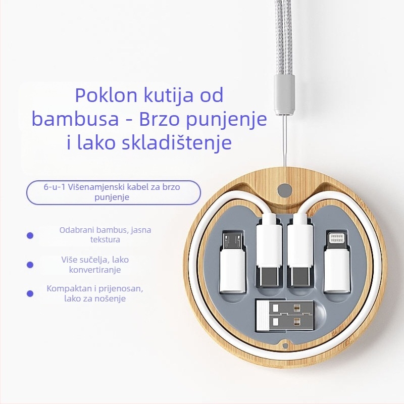 6-u-1 ekološki bambus kabel za podatke s brzim punjenjem, kutija za pohranu i prilagođeni logotip