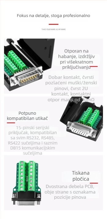 DB15 dvoredni adapter terminal, D-Sub 15-pin, DR15 muški konektor s maticom, bez kućišta