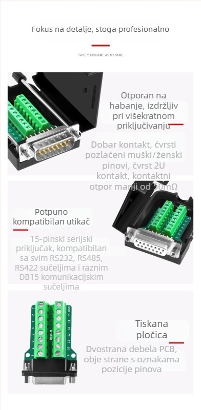 DB15 dvoredni adapter terminal, D-Sub 15-pin, DR15 muški konektor s maticom, bez kućišta