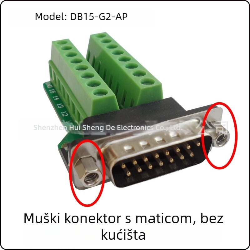 DB15 dvoredni adapter terminal, D-Sub 15-pin, DR15 muški konektor s maticom, bez kućišta
