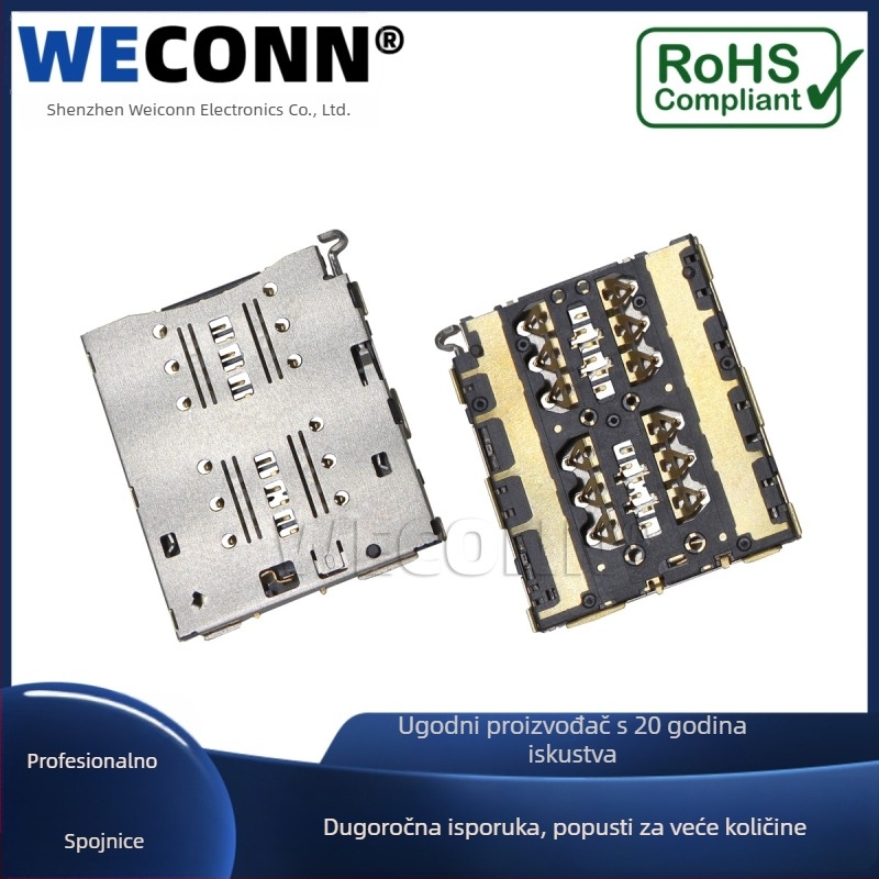 Držač NANO SIM, dvostrani NANO SIM 2-u-1 s ladicom za karticu, otporan na visoke temperature, 12 pinova, LCP izolator, fosfor brončani kontakti, model WL-135D215-01, za 3C digitalne uređaje
