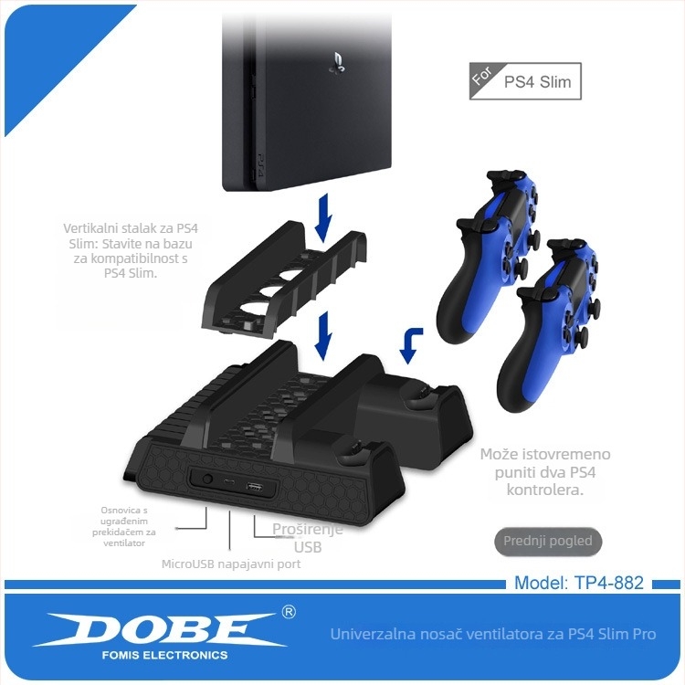 DOBE PS4 Sve-u-jednom Punjač Postolje s Ventilatorom i Držačem Diskova za PS4/SLIM/PRO – Materijal: ABS