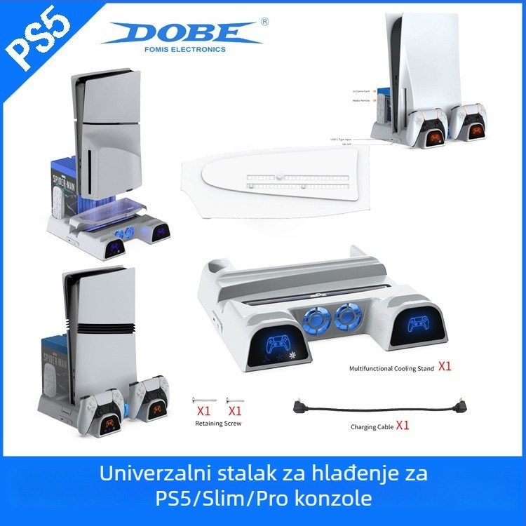 Višefunkcionalna stanica za hlađenje PS5, PS5 Slim i PS5 Pro s plavim LED-om, stanica za punjenje P5 kontrolera i prostor za diskove