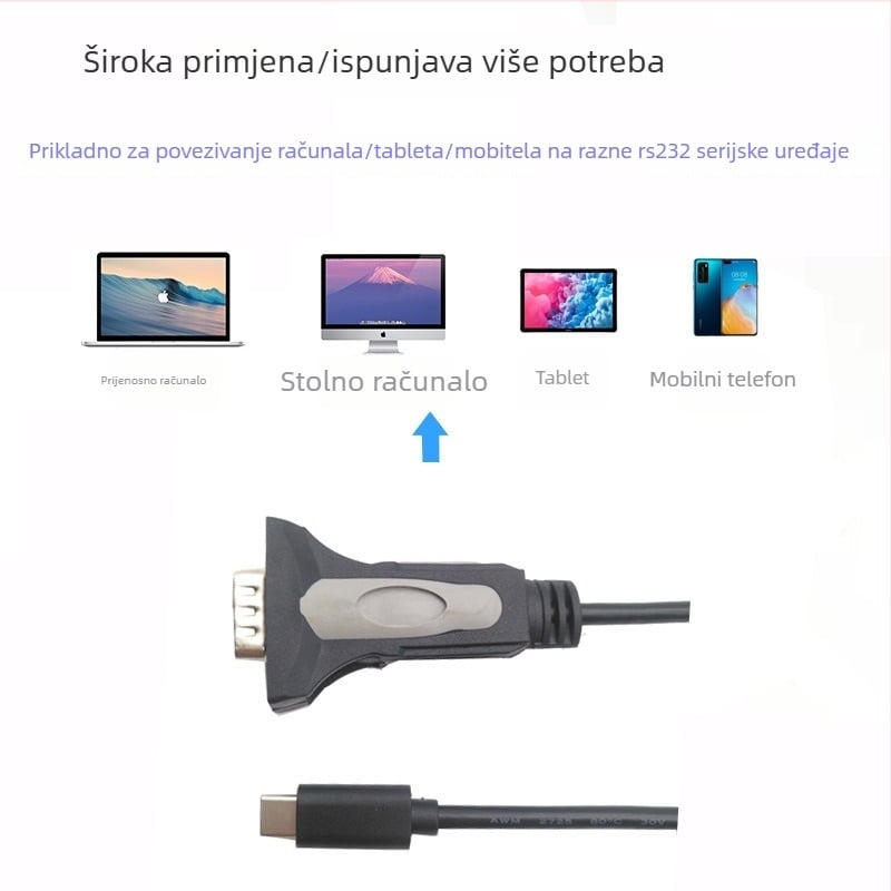 Kabel Type-C na DB9 RS232, USB-C adapter, RS232 protokol, gola bakrena jezgra, PVC izolacija