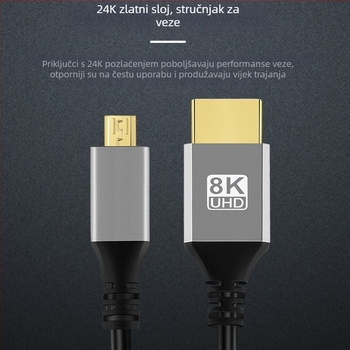 HDMI na Micro HDMI kabel 8K 2.1, bakreni vodič, pozlaćen, adapter tip, za digitalne uređaje