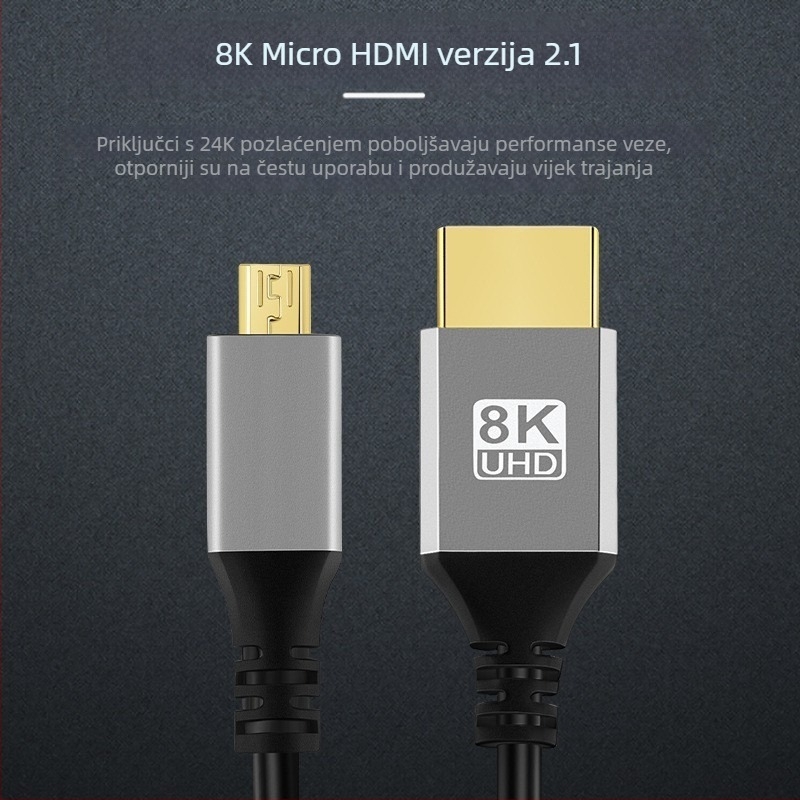 HDMI na Micro HDMI kabel 8K 2.1, bakreni vodič, pozlaćen, adapter tip, za digitalne uređaje
