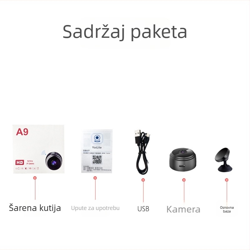 A9 Bežična kamera za kućnu sigurnost s 1080P noćnim vidom, Wi‑Fi, snimanje videa i fotografije