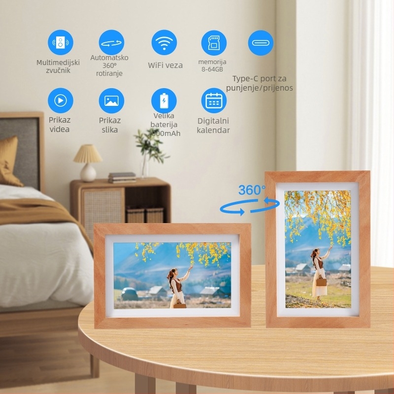 7-inčni digitalni okvir za fotografije sa WiFi, reprodukcijom videa, 8 GB memorije