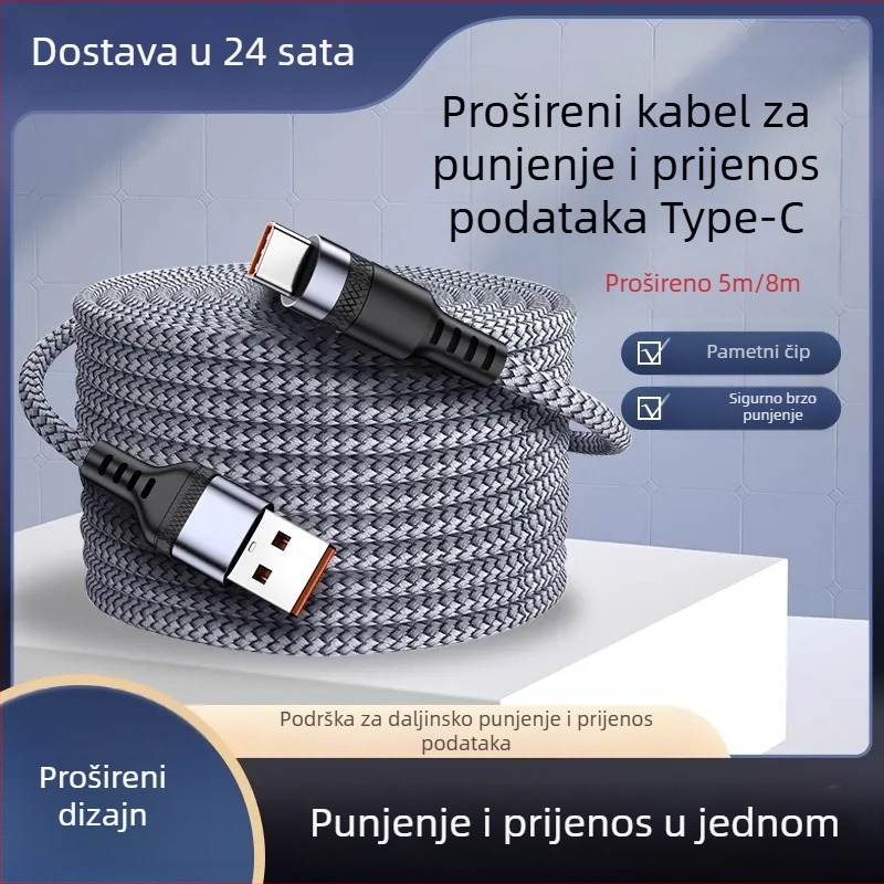 Type-C punjački kabel, pleteni – brzo punjenje; sučelje: Type-C; konektor s jednim glavom
