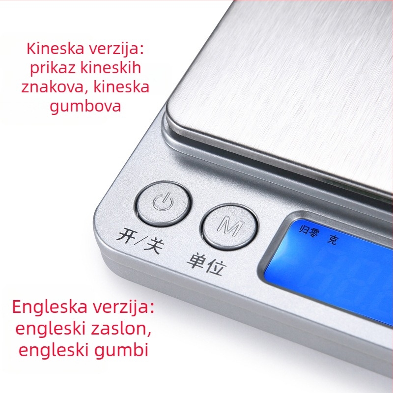 Precizna vaga za nakit, model I2000, raspon mjerenja 0,01 g–3 kg, višenamjenska prijenosna vaga, porijeklo Dongguan, Guangdong.