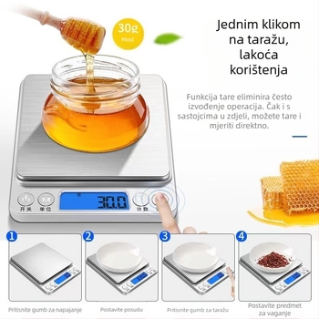 Digitalna kuhinjska vaga, model i2000, raspon 500 g–5 kg, brojanje gramima, napajanje: 2×AAA ili USB