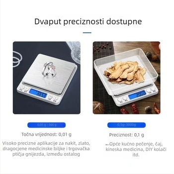 Digitalna kuhinjska vaga, model i2000, raspon 500 g–5 kg, brojanje gramima, napajanje: 2×AAA ili USB