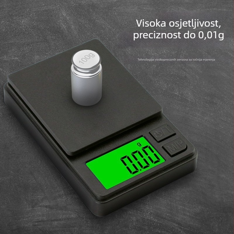Torba elektronička vaga s pozadinskim osvjetljenjem, model T2, raspon vaganja 0,05–1000 g, elektroničko mjerenje, napajanje s dvije AAA baterije, višestruka primjena