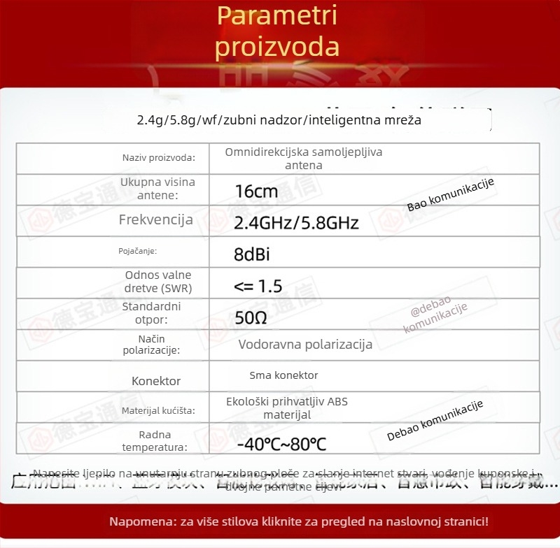 2.4/5.8 GHz dvopojasna WiFi antena za usmjerivač, omnidirekcionalna, sklopiva, 8 dBi, SMA unutarnja igla, 50 Ω, SWR ≤1.5