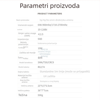 4G gun-barrel antena, omnidirektna vanjska antena za usmjerivač i modem, raspon frekvencija 698-960/1710-2700 MHz, 50 Ω, VSWR ≤ 2.5, 220 V