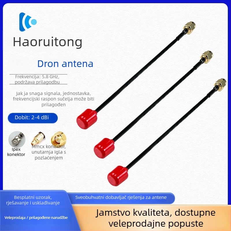 Hrt056 5,8 GHz Mini Lollipop antena za dron, dobitak 2–4 dBi, frekvencijski raspon 1,2/2,4/5,8 GHz, impedance 50 Ω, VSWR ≤ 2.0