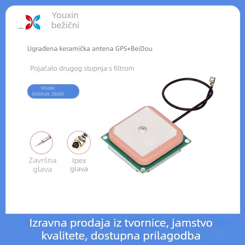 YX-GPS + BD keramička antena – GPS BeiDou dvostrukog načina aktivna antena sa ugrađenom keramičkom antenom, dobitak 28 dB, 1575 MHz, 50 Ω, SWR ≤ 1.5, 3–5 V