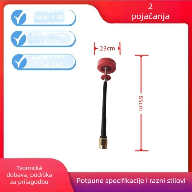 Red Pagoda FPV UAV antena za prijenos slike na 5,8 GHz, visoki dobitak; Dobitak: 8; Impedancija: 50 Ω; SWR ≤ 1,5