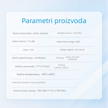 Usmjerena zidna antena s pločastim panelom, 698–2700 MHz, vanjska vodootporna, jednostruka polarizacija