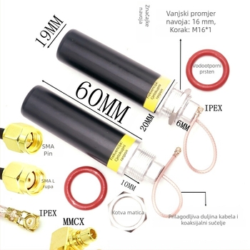 DTU ormarić antena — omnidirekcionalna, vodootporna, M16×1 konektor; dobitak 5 dB, impedancija 50 Ω, SWR ≤ 1.5