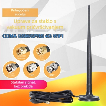 Vanjska vodootporna 4G antena s usisnom čašom i SMA priključkom, raspon frekvencija 698–2700 MHz, dobitak 15 dBi, impedancija 50 Ω, SWR ≤ 1,5