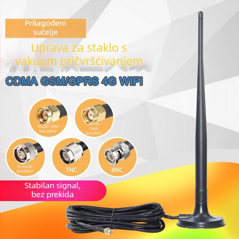 Vanjska vodootporna 4G antena s usisnom čašom i SMA priključkom, raspon frekvencija 698–2700 MHz, dobitak 15 dBi, impedancija 50 Ω, SWR ≤ 1,5