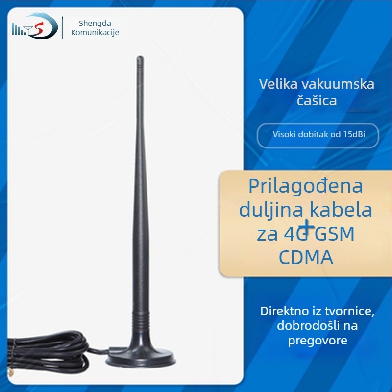 Vanjska vodootporna 4G antena s usisnom čašom i SMA priključkom, raspon frekvencija 698–2700 MHz, dobitak 15 dBi, impedancija 50 Ω, SWR ≤ 1,5