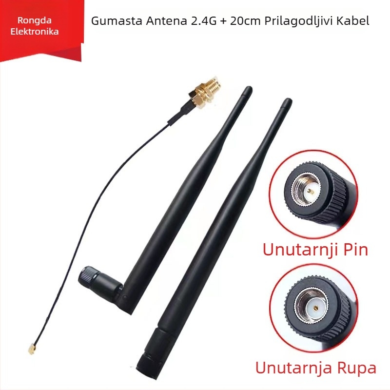 2.4G glue-stick antena s IPX–SMA kabelom, 6 dBi, 2400–2500 MHz, impedancija 50 Ω, SWR ≤ 2, 5 V