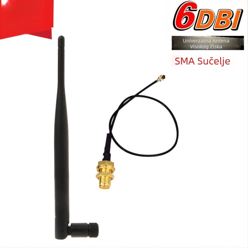 2.4G glue-stick antena s IPX–SMA kabelom, 6 dBi, 2400–2500 MHz, impedancija 50 Ω, SWR ≤ 2, 5 V