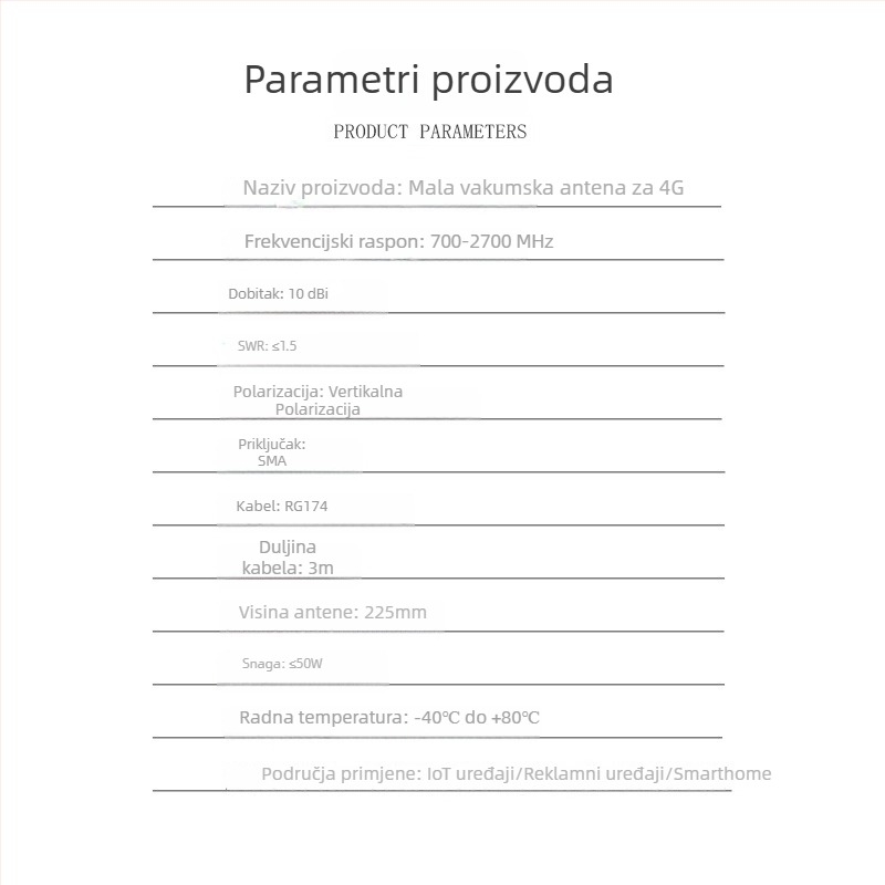 4G antena s usisnom čašom, omnidirekcionalni visokih 10 dBi za usmjerivač i mrežnu karticu, 700–2700 MHz, 50 Ω, SWR <= 1.5, 3–5 V