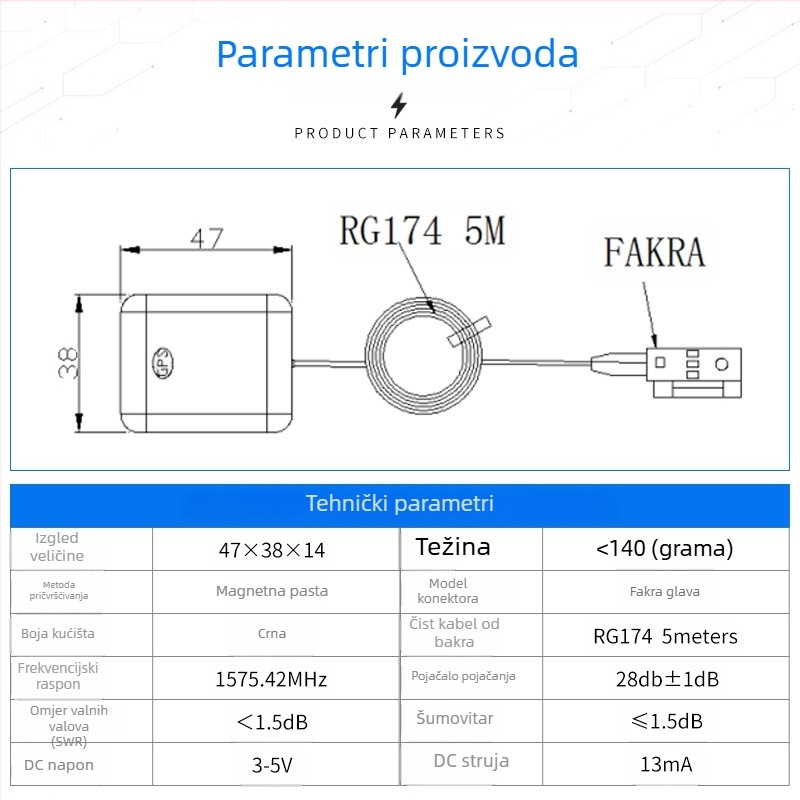 GPS Beidou antena za navigaciju, vanjski FAKRA konektor, visok dobitak, magnetski nosač